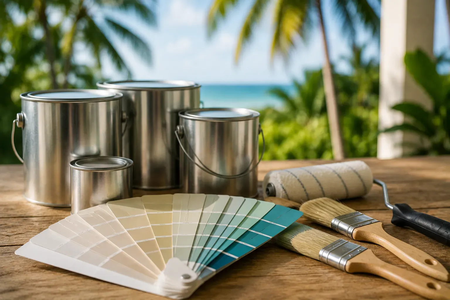Paint cans and colour swatches in tropical tones with palm trees behind
