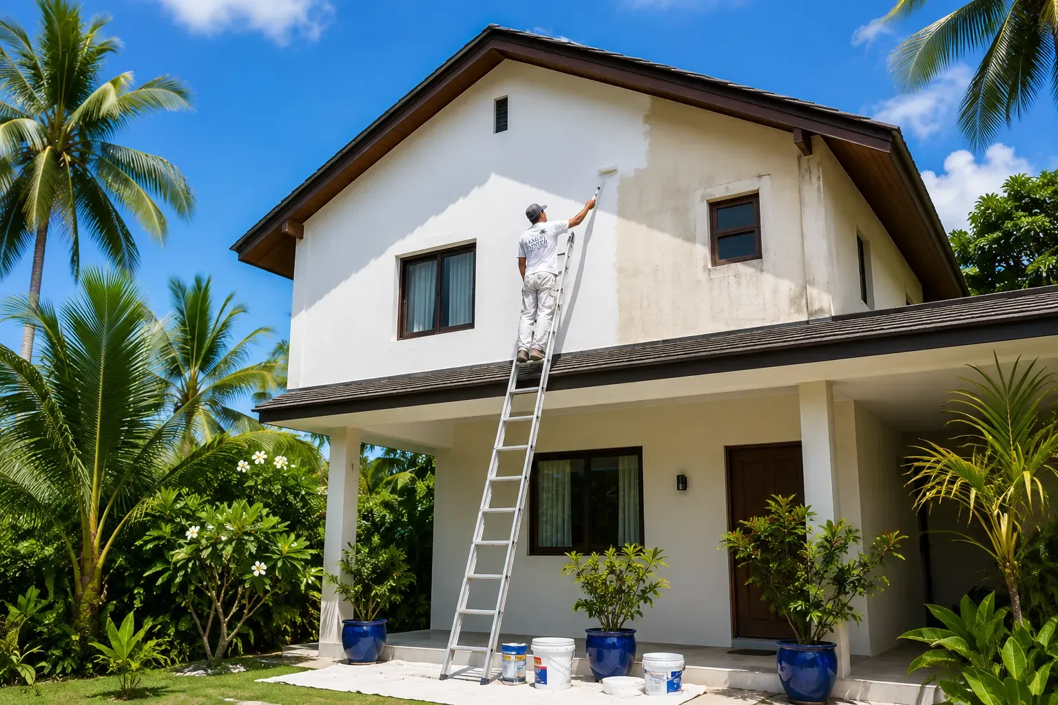 Painter on a ladder repainting the weathered facade of a two-storey tropical house