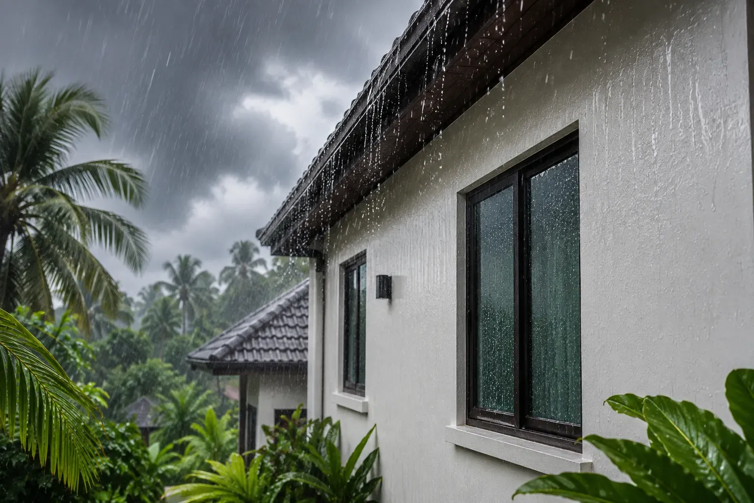 Tropical rain streaming down the exterior wall of a house