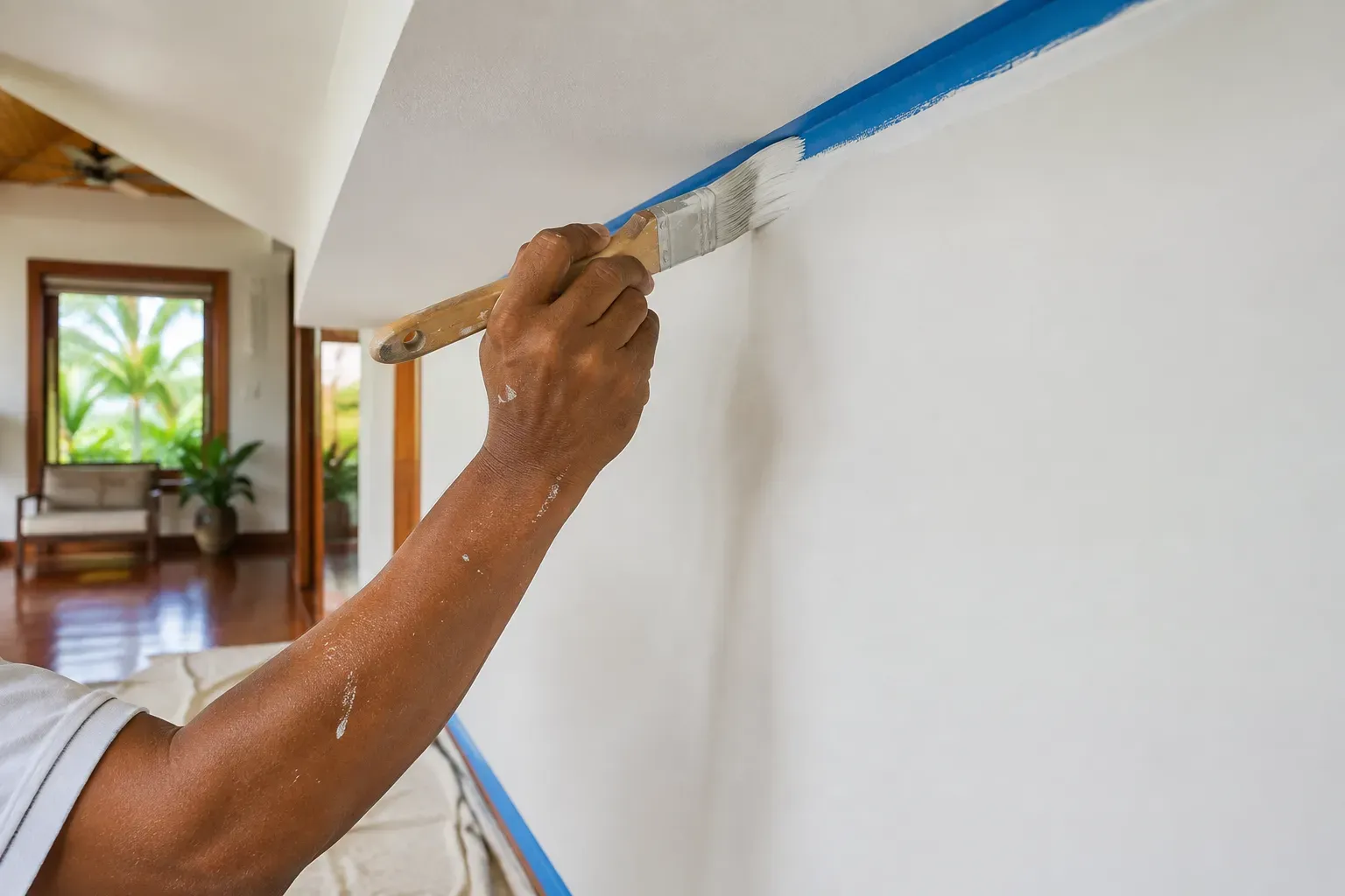 House painter cutting in a clean edge between wall and ceiling inside a Koh Samui home