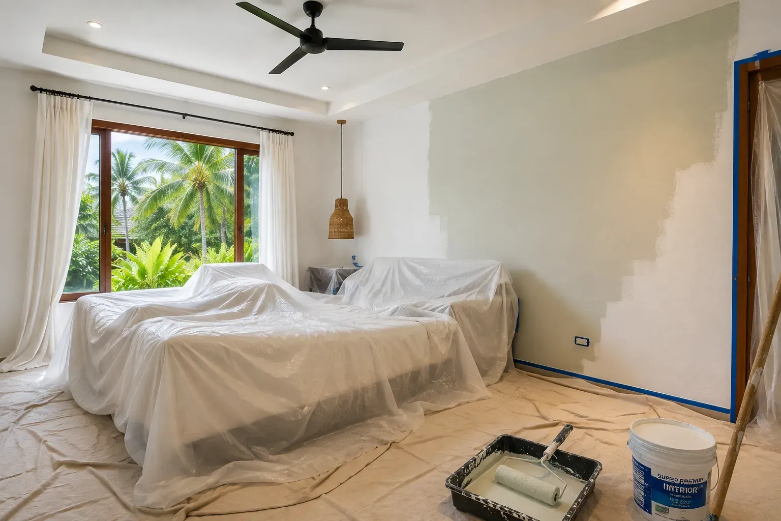 Bedroom prepared for interior painting with furniture covered by protective sheets