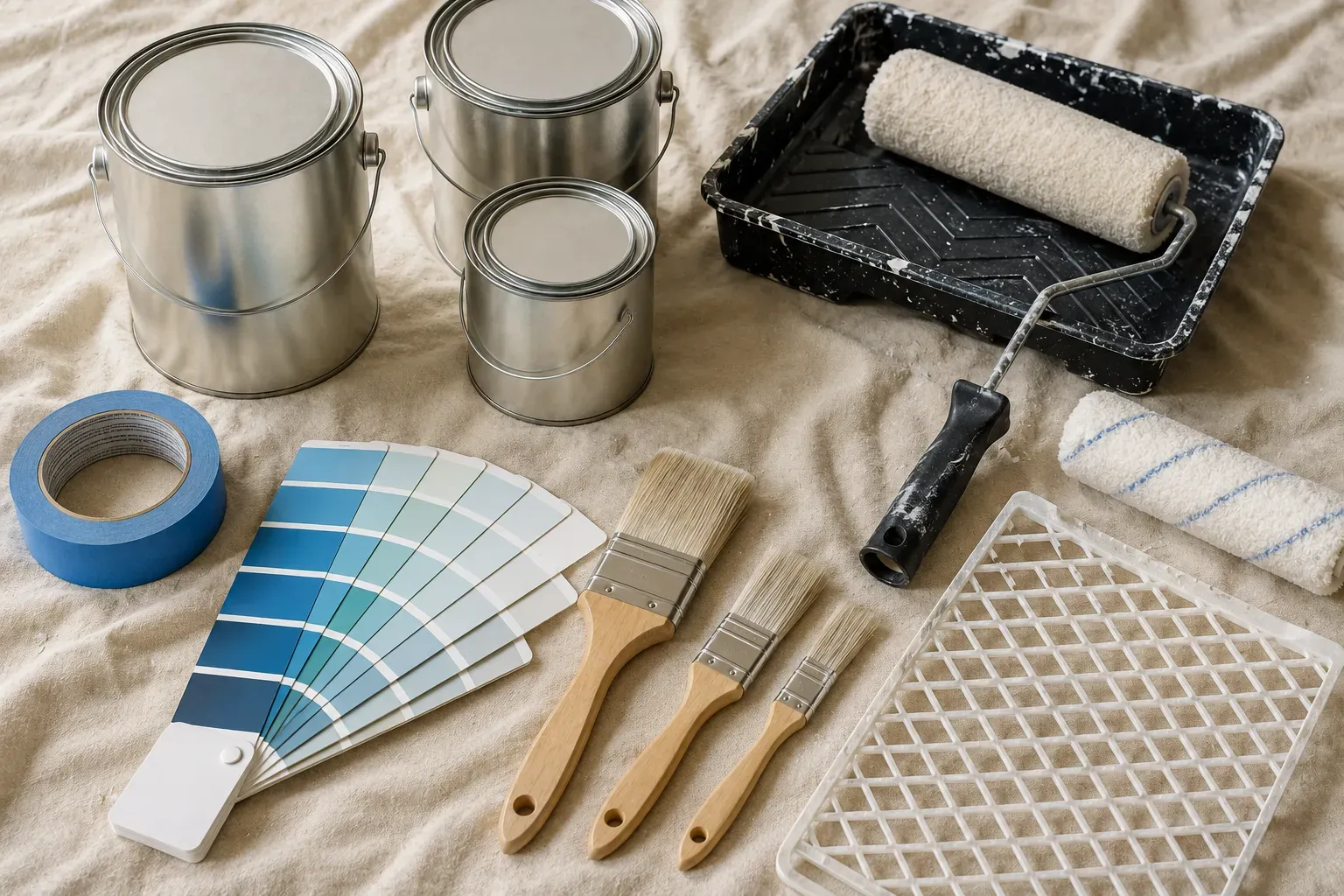 Professional painting tools and unlabelled paint cans laid out on a drop cloth