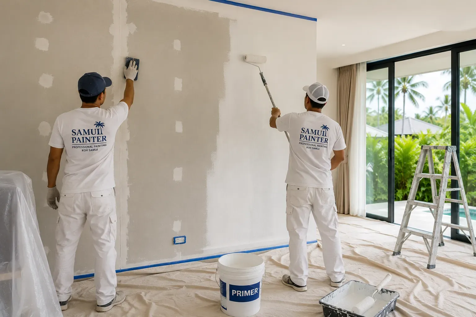 Two painters sanding and priming a wall before repainting
