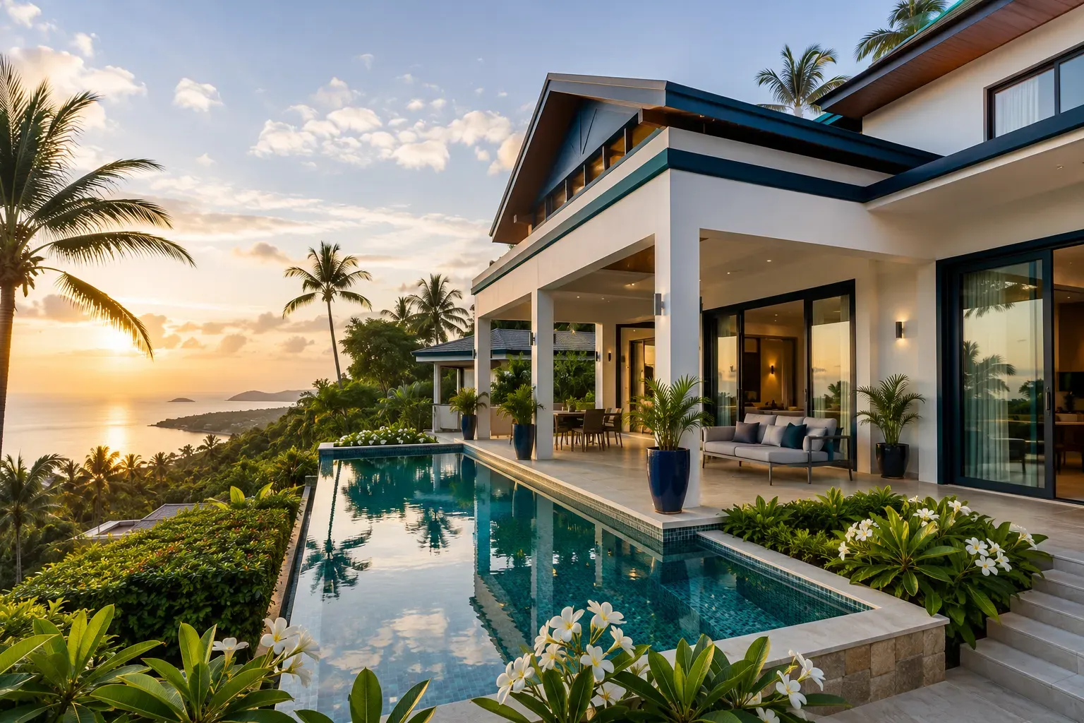 Freshly painted tropical pool villa in Koh Samui at golden hour